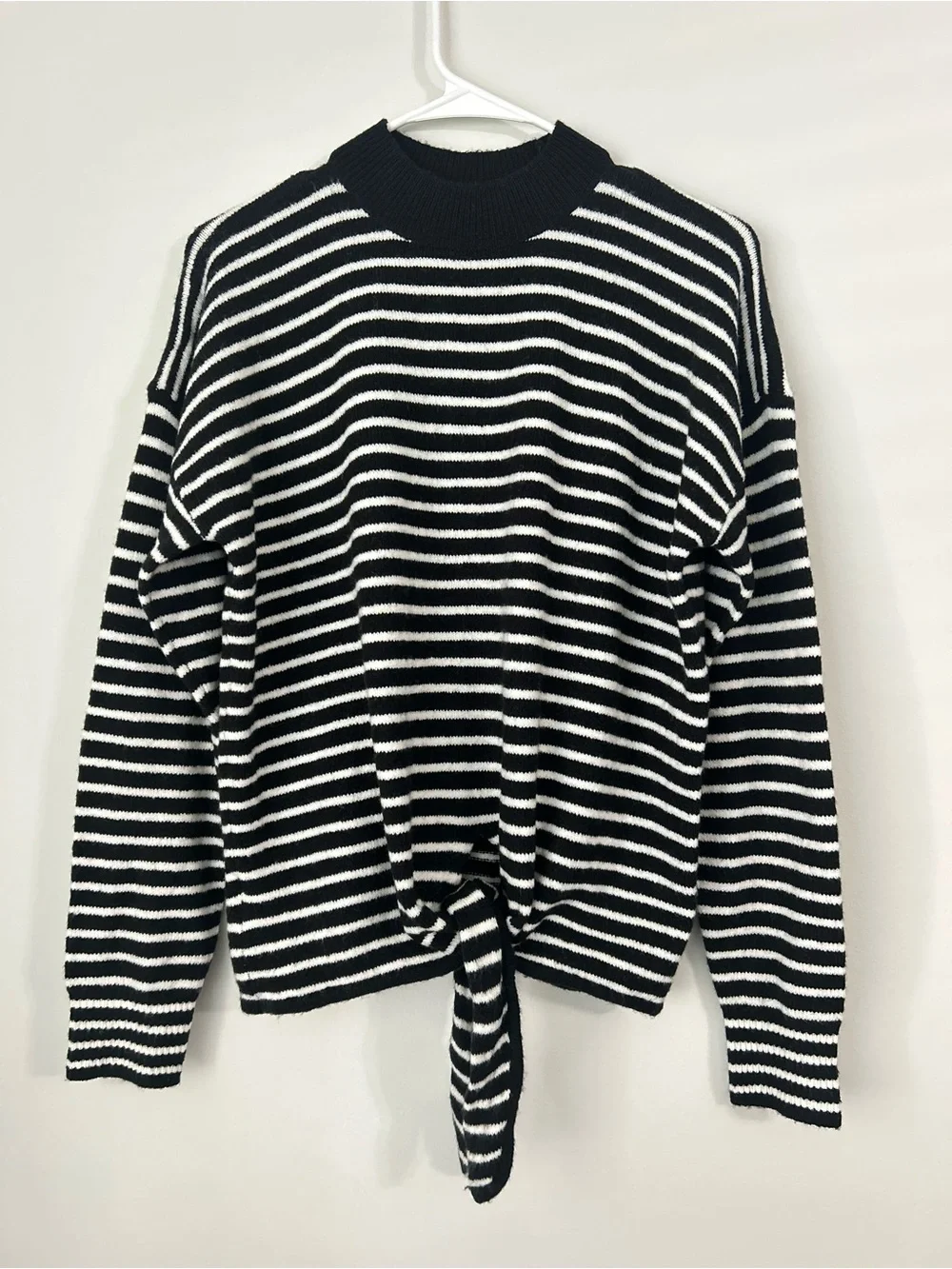 NWT LOFT Womens Sweater Black White Striped Pullover Wool Mock Neck Front Tie S